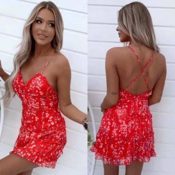 Dresses & Skirts - Red Floral Print Sleeveless V-Neck Open Back Backless Mini Dress